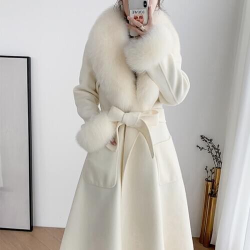 2020 winter autumn Fashion Women long Real Wool Fur Coat with pockets Thick Warm Luxury Natural Fox Fur Collar Female coats