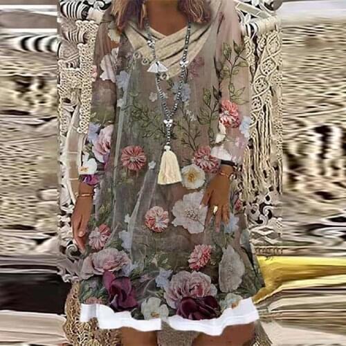 Autumn New Casual Long Sleeve A-Line Dress Women Elegant O-Neck Tank Loose Mid Dresses Fashion Vintage Floral Print Beach Dress