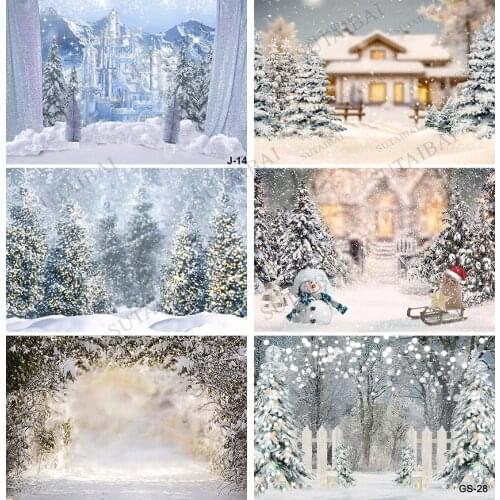 Winter Backgrounds for Photography Snow Pine Village Yard Merry Christmas Trees Snowman Child Scenic Photo Backdrop Photo Studio