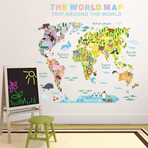 1PC Color World Animal Map Wall Sticker For Kids Living Room Bedroom Kindergarten School Room Decor animal distribution 50*70CM