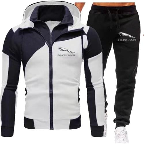 2021 New Mens Jaguar Logo Zipper Hoodie Suit Men‘s Sportswear 2 Piece Hoodie+Pants Fashion Casual Tracksuit Jogging Suit S-3XL