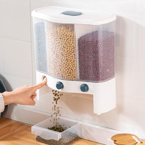 6L Wall Mounted Separate Rice Bucket Cereal Dispenser Moisture Proof Plastic Automatic Racks Sealed Metering Food Storage Box