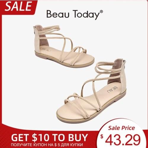 BeauToday Gladiator Sandals Women Kid Suede Leather Flannelette Open Toe Cross Strap Back Zip Summer Lady Flat Shoes 33026