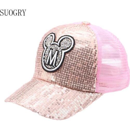 SUOGRY 2019 Baby Girls Sequins M LOGO Horn Baseball Caps Children Snapback Mesh Summer Adjustable Sun Hats Decoration
