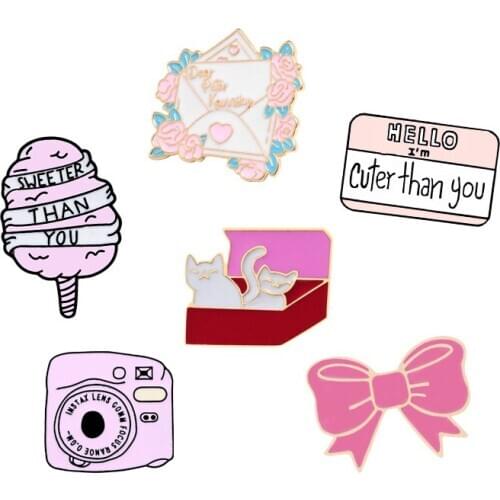 Pink Cartoon Enamel Pins Camera Cotton Candy Box Cat Bow Brooches Cuter Than You Denim Jackets Shirts Lapel Pins Button Badges