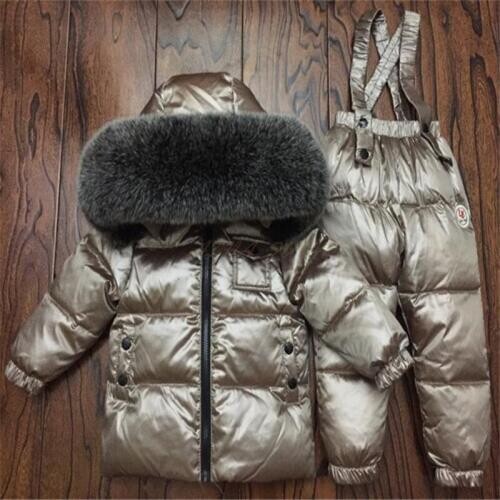 Children Winter Clothing Sets Real Fur Collar Kids Down Jackets And Overalls Suit For Boys Girls 1-12 Years Snow Wear TX008