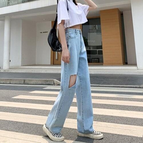 High Waist Wide Leg Trousers Cover Hip Thin Hole Jeans Women Summer Ice Straight Tube Loose Blue Denim Pants Casual Jeans Women