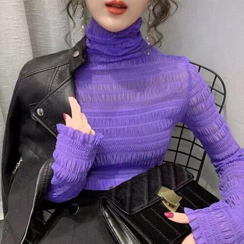 Elegant Blouse Women Fashion Mesh Sexy See Through Blouse Ladies Puff Sleeve Elastic Autumn Winter Bottomed Shirt Fold Tops