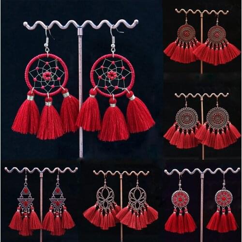 Exknl Fashion Vintage Flower Tassel Fringed Earrings Women Earing Long Red Hanging Drop Earrings for Women Jewelry Accessories