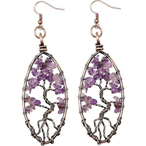 FYJS Unique Jewelry Copper Plated Wire Wrap Natural Purple Amethysts Stone Marquise shape Drop Earrings