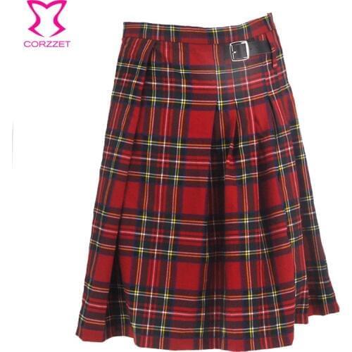 Gothic Punk Kilt Scottish Tartan Red Plaid Pleated Waist Skirt With Faux Leather Buckle Man Kleid Mittelalter Scotland Trousers