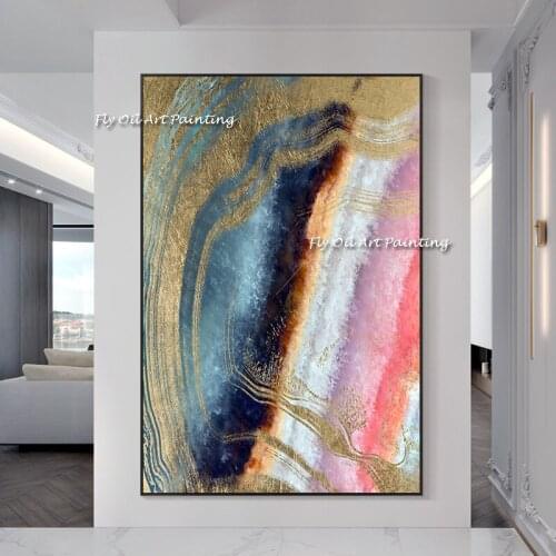 Simple Abstract Pink Gold Foil Textured Thick Oil Painting 100% Hand-painted Wall Canvas Art Home Gfits For Bedroom Decoration