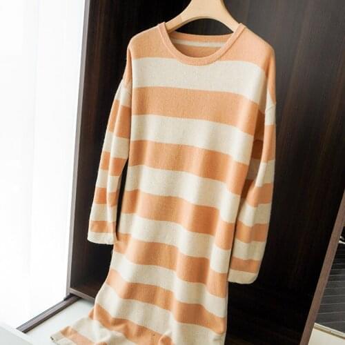 Cashmere sweater womens dress for fall/winter 2021 new 100% pure wool sweater ladies loose plus size knitted long-sleeved dress