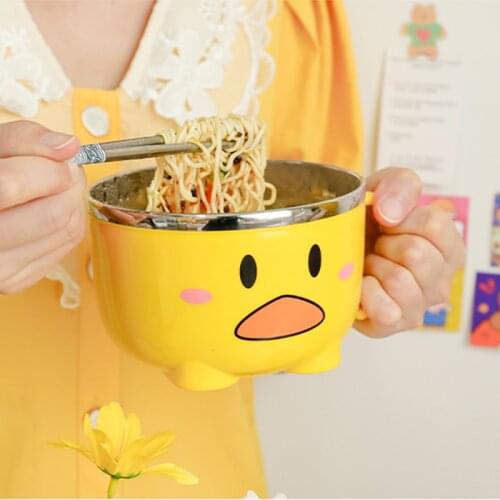 Kawaii Duck Ramen Bowl With Lid Cute Stainless Steel Kitchen Fruit Instant Noodles Salad Rice Soup Double-layer Bowl Tableware