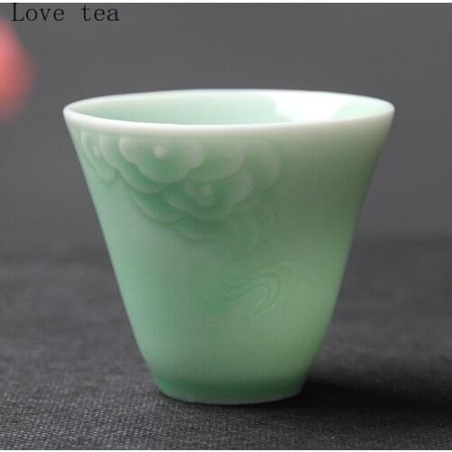 Longquan celadon handmade ceramic teacup Kungfu tea set Xiangyun relief teacup exquisite single cup independent household