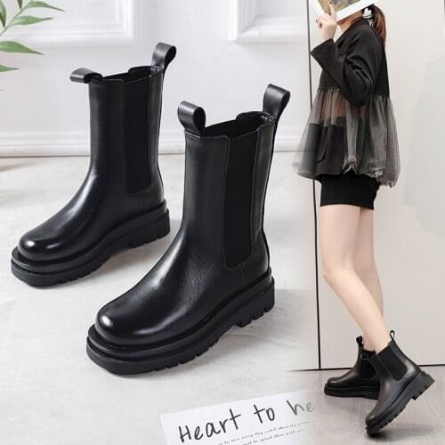Classic Chelsea Boots Women Platform Chunky Sole Mid Calf Booties Slip on Autumn Winter Shoes Fashion Platform Boots