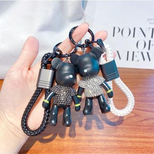 Creative Diamond Violent Bear Car Keychain Couple Braided Rope Fashion Bag Pendant Car Keychain Ring Pendant Accessories