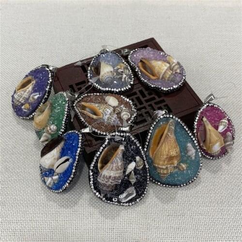 Natural Stone Resin Shell Pendant with Diamonds Exquisite DIY Handmade Necklace Jewelry Accessories Crafts Irregular Color