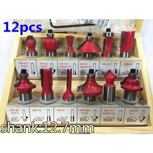 12PCS 1/2"(12.7mm) Shank Tungsten Carbide Router Bit Set Wood Woodworking Cutter Trimming Knife Forming Milling