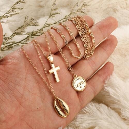 Cross Shell Custom Necklace For Women 3Pcs/set New Fashion Glod Alloy Jewelry Gift Accessories Friendship Choker Pendientes