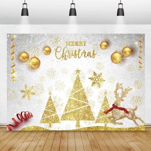 Laeacco Christmas Poster Backdrop Photography Gold Forest Trees Elk Snowflake Party Customized Photozone Photography Background