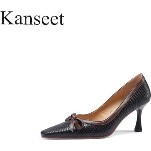 Kanseet Square Toe High Heels Shoes Female Shoes Genuine Leather Spring Autumn Butterfly-Knot Party Dress Shallow Women Pumps