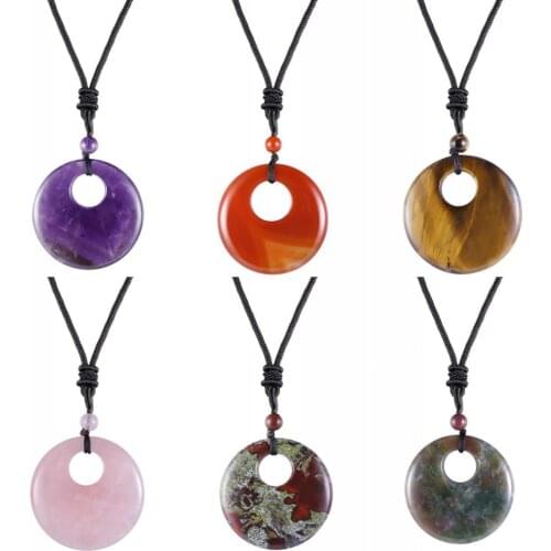 TUMBEELLUWA Round Shape Reiki Chakra Stone Pendant Necklace,Hollow Round Amulet Gem Adjustable Nylon Cord Healing Unisex Jewelry