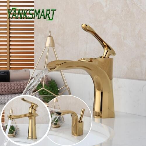 YANKSMART GolDen Polished Bathroom Basin Sink Faucets Single Handle Faucet Waterfall Deck Mounted Cold And Hot Water Mixer Tap