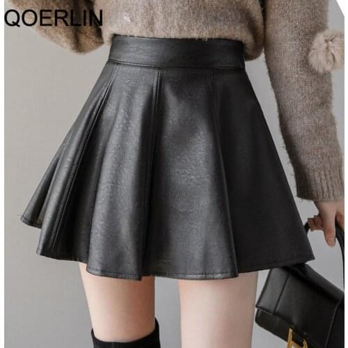 QOERLIN Leather/Woolen Skirts Autumn Winter PU Leather Skirt High Waist Skirt Fluffy Short Skirt with Shorts Liner Pleated Skirt