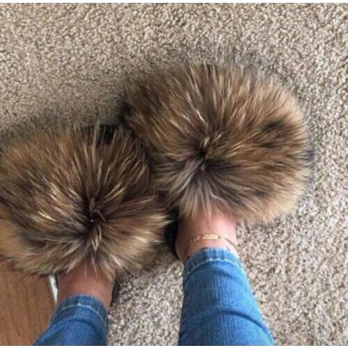 Womens Real Fox Fur Slipper Furry Summer Beach Slipper Beach Sandals Flip Flop Slides Flats Female Outdoor Shoes Fluffy Fox