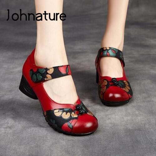 Johnature Pumps Women Shoes 2021 New Retro Spring/Autumn Genuine Leather Hook & Loop Casual Round Toe Handmade Ladies Shoes