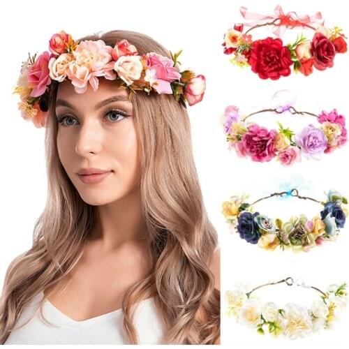 Female Bohemian Garland Headpiece Simulation Multicolor Bloomy Rose Floral Crown Hair Wreath Bridal Wedding Flower Headband