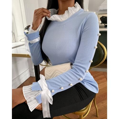 Chicme Autumn and Winter Women Bowknot Beaded Design Buttoned Bell Cuff Sweater Ribbed Knitted Long Sleeve Ruffle Patchwork Chi