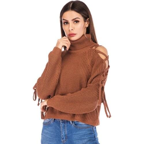 Focal20 Streetwear Solid Lace Up Women Crop Sweaters Turtleneck Sexy Hollow Out Female Jumpers Pullovers Spring Autumn Lady Tops