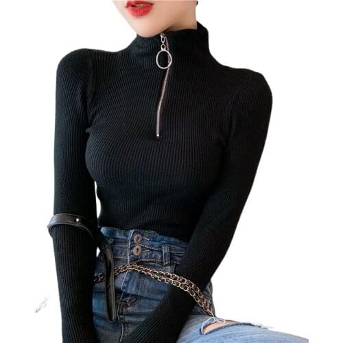 Autumn and winter new 2020 size womens semi-high collar ring zipper short tight-fitting slim bottom knitting women