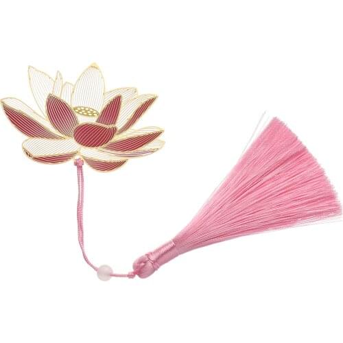 1PC Retro Chinese Style Hollow Brass Bookmark Lotus Tassel Painted Book Clip Pagination Mark Stationery Office School Supplies