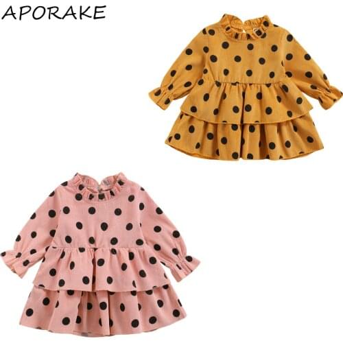 2021 0-3Y Autumn Kids Girls Corduroy Dress Sweet Dot Print Ruffle Long Sleeve Layered Tutu Dress For Children