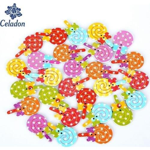 20x33mm Candy Sugar Food Retail 50Pcs Random Mixed 2 Holes Pattern Cartoons Wood Sewing Buttons Scrapbooking High Quality