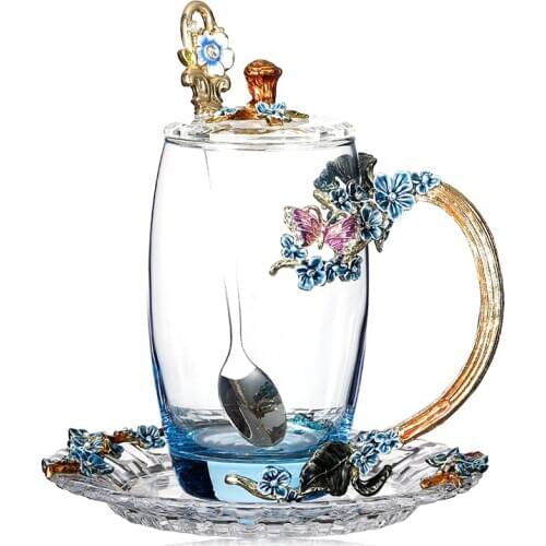 Color Enamel Glass Tea Mugs With Spoon Coffee Milk Cups Plum Blossom Creative Drinkware