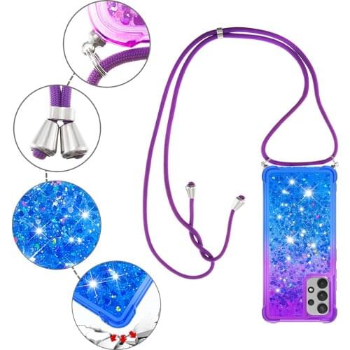 Gradient Crossbody Straps Case For Samsung Galaxy A32 4G Glitter Liquid Quicksand Air Cushion Reinforced Corners Cover