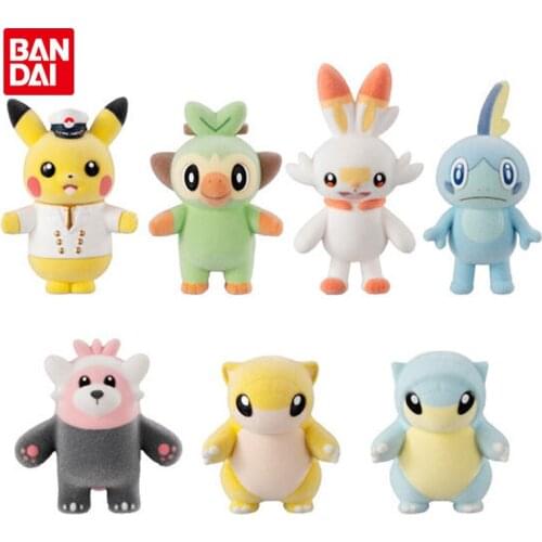 Bandai Genuine Box Egg Pokemon Plush Surface Doll Pikachu Grookey Scorbunny Action Figure Model Toy