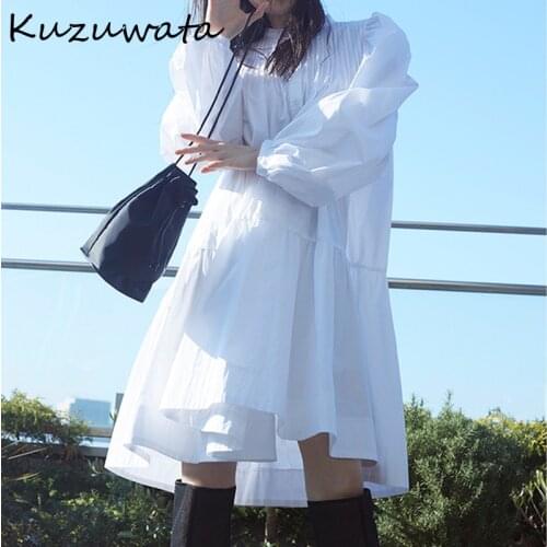 Kuzuwata Puff Sleeve Pleated Design Shirts Dresses Casual Chic Single Breasted Woman Dress Spring Summer Solid Loose Robe