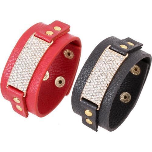 Fashion Women Crystal Charm Cuff Bracelet Gold Rhinestone PU Leather Bangle Wrap Wristbands Chain Black Rock Punk Jewelry Gift