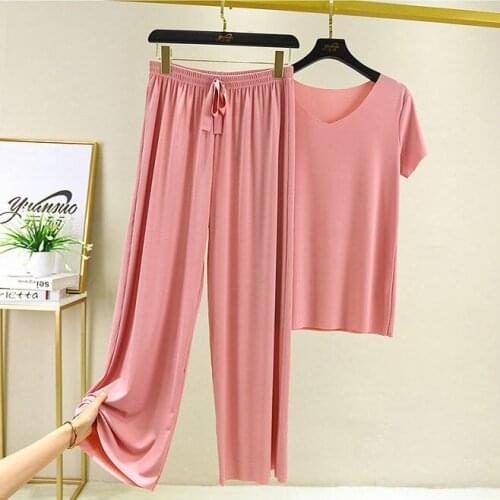 Enchanting Ice Silk Comfort Housewear Womens Summer Casual Straight Tube Wide Leg Naked Pajamas Short Sleeve Pants Suit Skirt