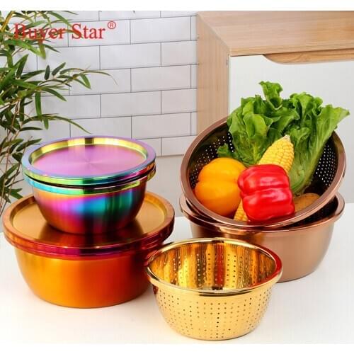 Wholesale 3pcs/set Stainless steel fruit Rice Washing Basin food pot metal vegetable filter Kitchen ware Mesh Strainer serving p