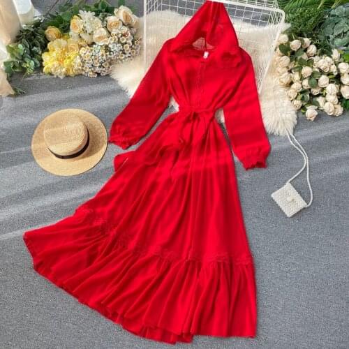 Hoodie Beach Dresses 2020 Red Bohemian Dress For Women Holiday Sundress Long Sleeve Sashes Boho Dress Bohemian Vestidos DD2544