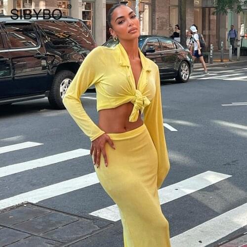 Sibybo Casual 2 Piece Set Women Summer Vacation Outfit Black Turn-down Collar Front Knot Crop Top And Long Skirt Suit Streetwear