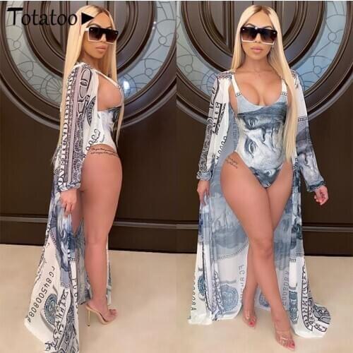 Totatoop Money Dollar Print Sexy Two Piece Set Tracksuit For Women Fitness Bodysuit Long Sleeve Maxi Cardigan Beach Boho Outfits