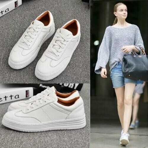 Womens White Flat Sneakers Outdoor Soft Lace Up Jogging Shoes for Student Split Leather Comfortable Women Chunky Sneaker