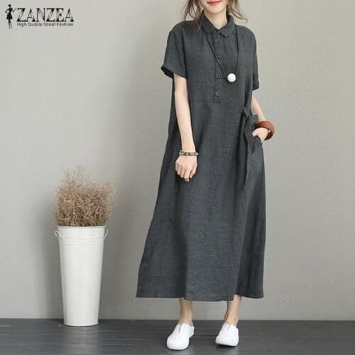 ZANZEA Summer Casual Maxi Vestidos Womens Sundress Female Button Short Sleeve Robe Femme Tunic Shirts Dress